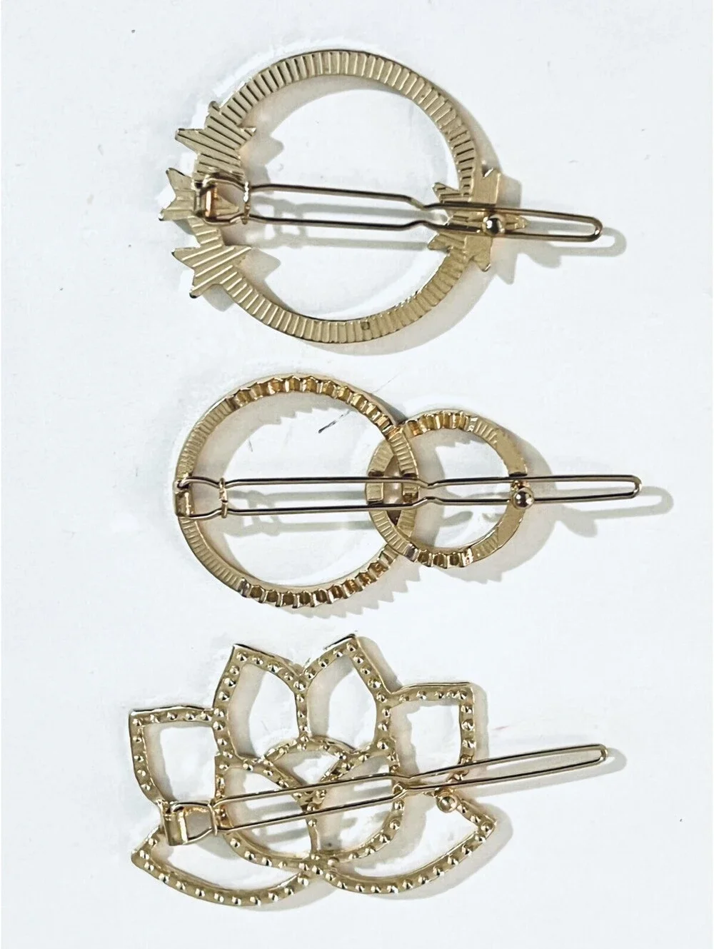 Gold Tone Hair Barrette Clip Set of 3 Moon Stars Lotus Geometric Circle